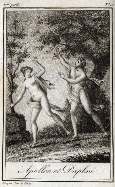 Apollo ja Daphne. Nymfi Daphne muuttuu laakeriksi paetakseen Apolloa. Kaiverrus vuodelta 1819 Charles Albert Demoustier