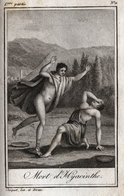 Apollo ja Hyacinthos (Hyasintin kuolema) Kaiverrus vuodelta 1819 Charles Albert Demoustierin (1760-1801) kirjaan "Lettres a Emilie sur la mythologie". Yksityinen kokoelma. tekijältä Anonymous Anonymous