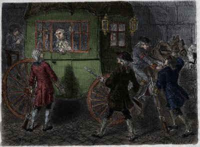 Ludvig XVI:n (1754-1793) ja hänen pakenevan perheensä pidätys Varennesissa 21. kesäkuuta 1791. Kaiverrus vuodelta 1866 kirjaan "Histoire de la Revolution francaise", kirjoittanut Adolphe Thiers. . tekijältä Anonymous Anonymous
