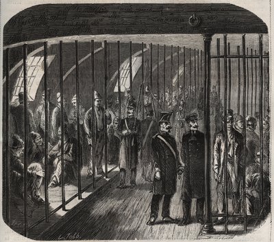 Joukkojen saapuminen laivaan saattueessa Toulonista Cayenneen (Guyana) 8. joulukuuta 1851 annetun asetuksen mukaisesti. Pierre Zacconen (1817-) kaiverrus "Vankiloiden historiasta niiden perustamisesta nykypäivään" (1877) 1895) (Colonia Penale - Penal co tekijältä Anonymous Anonymous