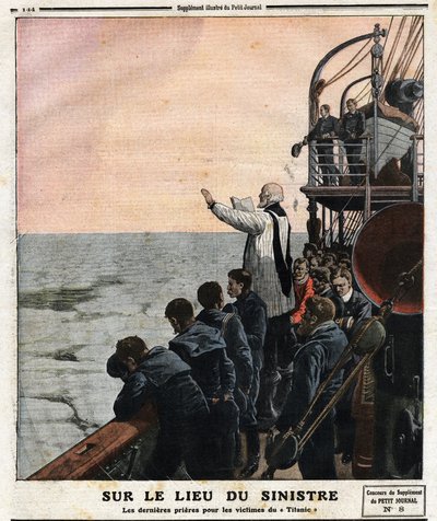 Katastrofipaikalla viimeiset rukoukset Titanicin uhrien puolesta. Aloitusmatkallaan Southamptonista New Yorkiin brittiläinen transatlanttinen laiva "The Titanic" törmäsi jäävuoreen yöllä 14. huhtikuuta. tekijältä Anonymous Anonymous