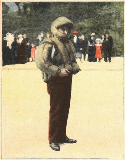 Ilmailu: Ilmapuku, joka on suunniteltu suojaamaan lentäjiä putoamiselta. Kaiverrus kirjassa "" Le petit parisien"" 16.10.1910. Yksityinen kokoelma. tekijältä Anonymous Anonymous