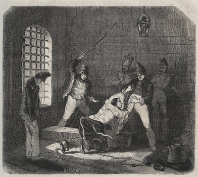 Brestin vankila: keppi. Pierre Zacconen (1817-1895) (1817-1895) (Colonia Penale - Penal Colony) kaiverrus kirjaan ”Vangoitujen historia heidän luomisestaan ​​nykypäivään” (1877). Yksityinen kokoelma. tekijältä Anonymous Anonymous