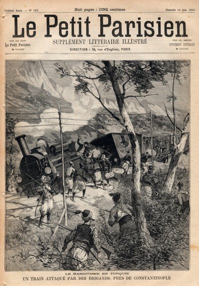 Ryöstö Turkissa, juna, johon rosvot hyökkäsivät lähellä Konstantinopolia. Kaiverrus "" Le petit Parisien"" vuodelta 1891. Yksityinen kokoelma. tekijältä Anonymous Anonymous