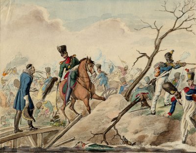 Bataille de Leipzig (bataille des Nations) - Jakso Leipzigin taistelusta - Nimetön - 1813 - Vesiväri paperille - 16,2x20,8 - Yksityiskokoelma tekijältä Anonymous Anonymous