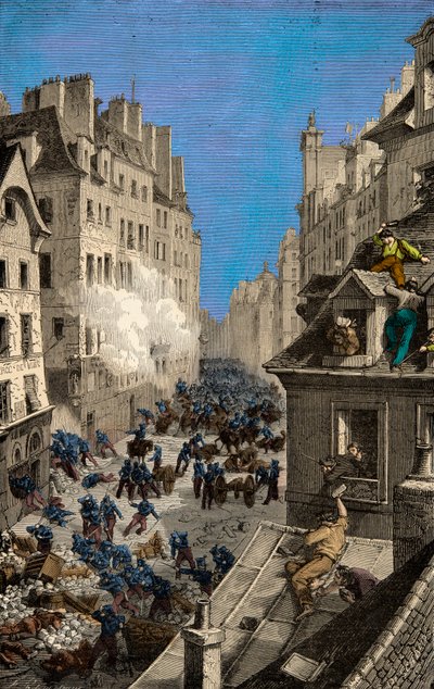 Taistelu Rue Saint Antoinen barrikadilla vuonna 1830, kaiverrus, yksityinen kokoelma tekijältä Anonymous Anonymous