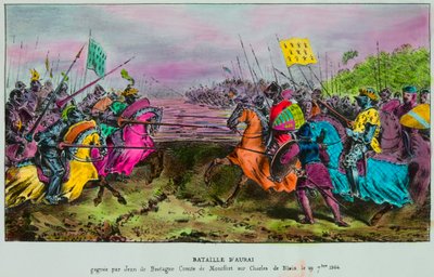 Aurayn taistelu 29. syyskuuta 1364 Bretagnen viimeinen peräkkäinen taistelu anglo bretonilaisen armeijan välillä Johannes IV:n Bretagnen (Johannes III Montfort, Jean Le Conquereur tai Le Vaillant) käskyjä vastaan tekijältä Anonymous Anonymous