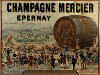 Iso tynnyri samppanjaa Expo Universelle de 1889 -näyttelyssä - Mercier-samppanjan mainosjuliste, 1800-luvun loppu tekijältä Anonymous Anonymous