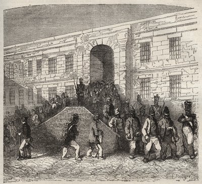 Brestin vankila 1800-luvulla. Pierre Zacconen (1817-1895) (1817-1895) (Colonia Penale - Penal Colony) kaiverrus kirjaan ”Vangoitujen historia heidän luomisestaan ​​nykypäivään” (1877). Yksityinen kokoelma. tekijältä Anonymous Anonymous