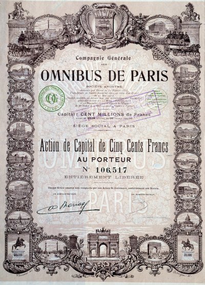 500 frangin pääomaosuus Pariisin omnibusista, 1900-luku Coll. Jaa tekijältä Anonymous Anonymous