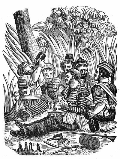 Kapteeni Bartholomew Robertsin miehistö lepää lähellä vanhaa Calabar-jokea, 1600-luvun lopulla. Kaiverrus "" Merirosvo oma kirja"" 1837. tekijältä Anonymous Anonymous