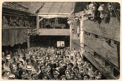 Katolisen jumalanpalveluksen juhliminen Porrentruyssa Sveitsissä vuonna 1874 valokuvan jälkeen. Kaiverrus "Les Missions Catholiques au XIXeme Siecle" Louis-Eugene (Louis Eugene) Louvet. yksityinen kokoelma. tekijältä Anonymous Anonymous