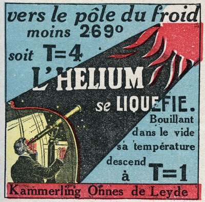 Olomuotojen muutokset: höyryt. Hollantilainen Heike Kammerling Ones (1853-1926), Leidenistä, onnistui nesteyttämään heliumin vuonna 1908. Nimetön kuvitus vuodelta 1925. Yksityiskokoelma. tekijältä Anonymous Anonymous