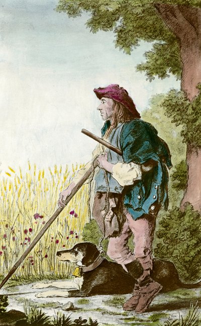Vartijan hahmo muistelee: talonpoika katselee peltoja koiransa kanssa 1700-luvun yksityiskokoelman vedos tekijältä Anonymous Anonymous