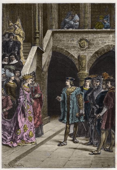 Kaarle VIII ja Anna Bretagnen - Kuningas Kaarle VIII:n (1470-98) ja Bretagnen kuningatar Annen tapaaminen - kaiverrus kirjasta "" Ranskan historia kerrottiin lapsenlapsilleni"" - kirjoittanut Francois Guizot - 1872-1876 tekijältä Anonymous Anonymous