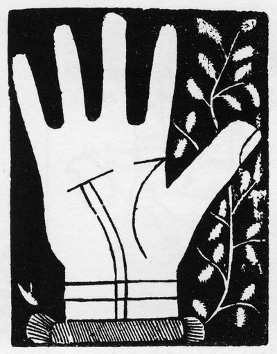 Chiromancia - Kaksinkertainen aurinkoviiva murtuu keskeltä - Kaiverrus 1545 Andre Corvon "The Art of Chyromance" -yksityiskokoelma tekijältä Anonymous Anonymous
