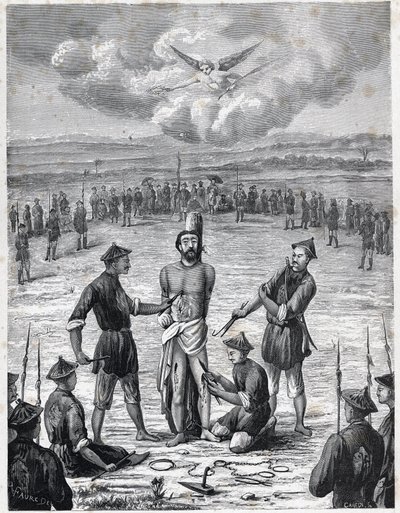 Kristittyjen vaino: ranskalainen lähetyspappi Joseph Marchand kärsi "sadan haavan piinasta" Cochinchinassa 30. marraskuuta 1835. Kaiverrus Louis-Eugene (Louis Eugene) Louvet
