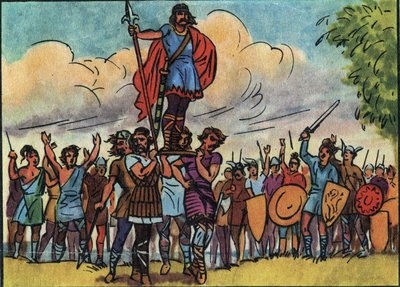 Clovisin (frangien kuningas 481–511) valittiin kuninkaaksi salilaisten toimesta, jotka kantoivat häntä suojavarrella (kilven) kiertäessään leiriä. Anonyymi kuvitus "" Collection des souverains et chefs d