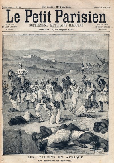 Valloita Erythree Italian toimesta. Massaouahin (Erythree) murhat. Kaiverrus "" Le petit Parisien"" 22-03-1891. Yksityinen kokoelma. tekijältä Anonymous Anonymous