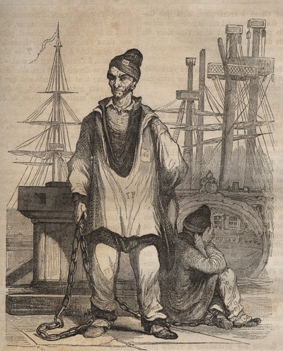 Ikuisia tuomioita Rochefort Bagnessa 1800-luvulla. Kaiverrus "Vankiloiden historiasta niiden luomisesta nykypäivään" (1877), Pierre Zaccone (1817-1895) (Colonia Penale - Rangaistussiirtokunta) tekijältä Anonymous Anonymous