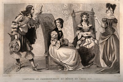 Puvut Ludvig XIV:n hallituskauden alussa (1650). Kaiverrus vuodelta 1859 Le Mondessa. Kaikkien kansojen historia kaukaisimmista ajoista nykypäivään." M. E. de Lostalot-Bachoue (Lostalot Bachoue). Yksityinen kokoelma. tekijältä Anonymous Anonymous