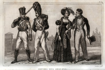 Puvut Louis XVIII:n alaisuudessa. Kaiverrus vuodelta 1859 Le Mondessa. Kaikkien kansojen historia kaukaisimmista ajoista nykypäivään." kirjoittanut M. E. de Lostalot-Bachoue (Lostalot Bachoue). Yksityinen kokoelma. tekijältä Anonymous Anonymous