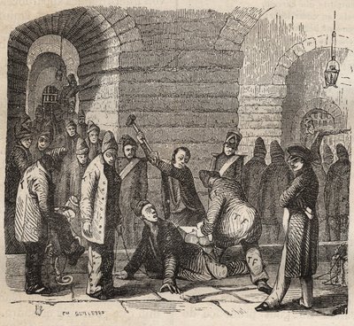 Kytkentä Rochefort bagnessa 1800-luvulla. Pierre Zacconen (1817-1895) (1817-1895) (Colonia Penale - Penal Colony) kaiverrus kirjaan ”Vangoitujen historia heidän luomisestaan ​​nykypäivään” (1877). Yksityinen kokoelma. tekijältä Anonymous Anonymous