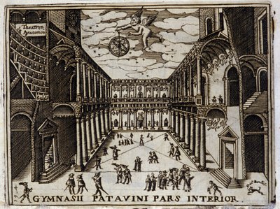 Padoun yliopiston (Padova) tuomioistuin Italiassa 1600-luvulla. Anonyymi kaiverrus 1600-luvulta. Milanolainen. tekijältä Anonymous Anonymous