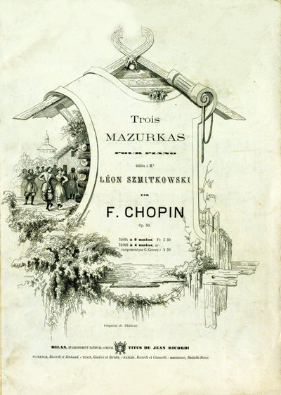 Frederic Chopinin (1810-1849) säveltämän Leon Szmitkowskille omistetun kappaleen ”Three mazurka for piano, Opus 50” kansikuva. tekijältä Anonymous Anonymous