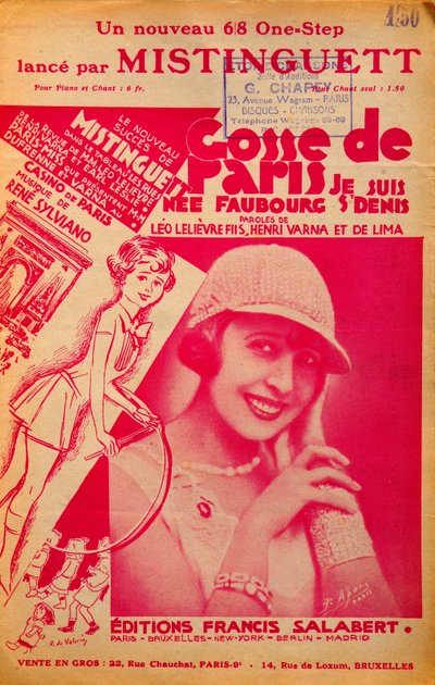 Kansi kappaleesta "Gosse de Paris", jonka laulaa Mistinguett (Mistinguette) (1875 - 1956), ranskalainen laulaja tekijältä Anonymous Anonymous