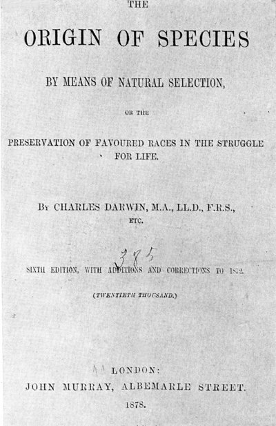 Charles Darwinin (1809 - 1882) kirjan ""The Origin of Species"" kansisivu. Painos vuodelta 1878. tekijältä Anonymous Anonymous