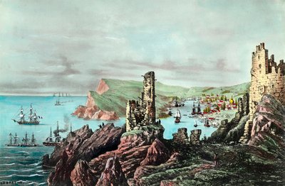 Krimin sota: näkymä Balaklavan satamaan Krimissä. Kaiverrus noin 1854-1855. Yksityinen kokoelma tekijältä Anonymous Anonymous