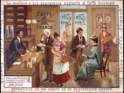 Asiakkaat kahvia myyvässä ruokakaupassa. "Caffe Franckin" mainonta. Kromolitografia, noin 1900. tekijältä Anonymous Anonymous