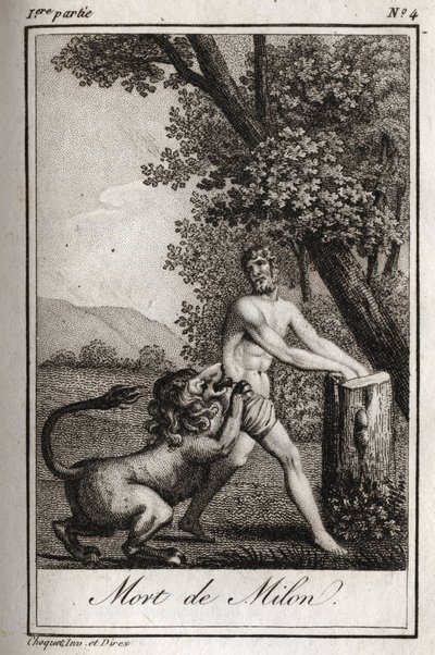 Milon de Crotonen (Milo of Croton) kuolema söi suden. Kaiverrus vuodelta 1819 Charles Albert Demoustier