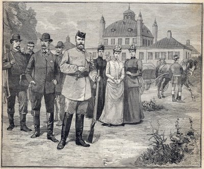 Lähti metsästämään Venäjän tsaari Nikolai II:ta (1868-1918) Fredensborgiin, Tanskaan. Kaiverrus kirjassa "" Le Petit Parisien"" 1893. tekijältä Anonymous Anonymous