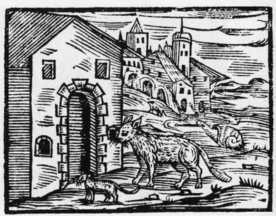 Paholainen ja noita muuttuu sudeksi ja kissaksi - "" Compendium Maleficarum"", Francesco Maria Guazzon tai Guaccio tai Guaccius (15?? -16??) 1608 Yksityiskokoelma kertoo noidista, heidän pahuudestaan ja lajitteluistaan tekijältä Anonymous Anonymous