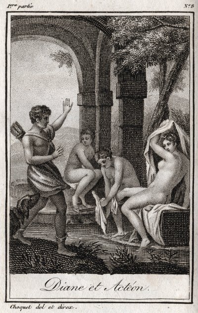 Diane ja Acteon (Diana ja Actaeon) Metsästäjä Acteon yllätti Dianen kylvyssä. Kaiverrus vuodelta 1819 Charles Albert Demoustier