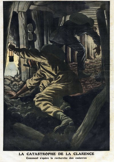 Clarencen kaivoksen (Nord pas de calais) katastrofi: Pelastustyöt yrittävät saada talteen palopatruunan räjähdyksen uhrien ruumiit. Kuva otettu "" Le Petite Journalista"" 22/09/1912 Yksityinen kokoelma. tekijältä Anonymous Anonymous