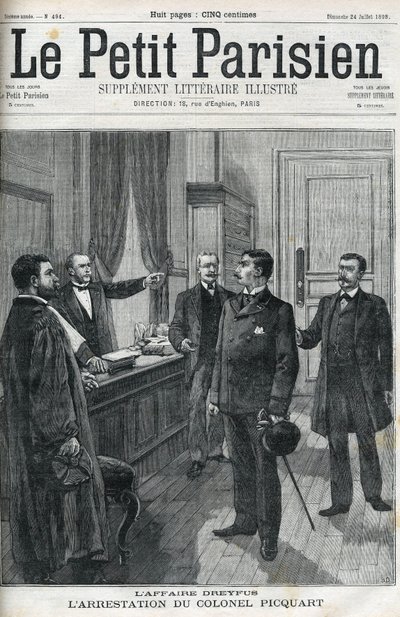 Dreyfusin tapaus, vuonna 1898, everstiluutnantti Georges Picquartin (1854-1914) pidätys. Teoksessa "Le petit Parisien" vuodelta 1898. tekijältä Anonymous Anonymous