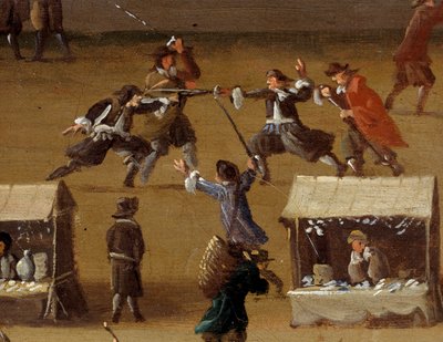 Kaksintaistelukohtaus Pont Neufissa Pariisissa 1600-luvun yksityiskohdassa. Anonyymi maalaus. Pariisi, Musee Carnavalet tekijältä Anonymous Anonymous