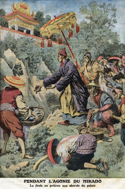 Mikadon (Japanin keisari) Meijin (1852-1912) tuskan aikana: väkijoukko rukoilemassa palatsin lähellä. Kaiverrus "" Le petit Journal" -lehdessä, 11.08.1912. Yksityinen kokoelma. tekijältä Anonymous Anonymous