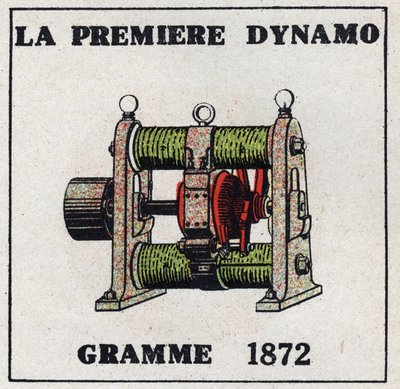 Dynamo: Zenobe Theophile Gramin (1826-1901) vuonna 1872 keksimä ensimmäinen dynamo. Nimetön kuvitus vuodelta 1925. Yksityinen kokoelma. tekijältä Anonymous Anonymous