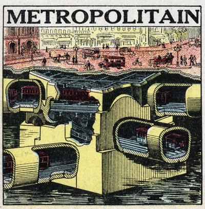 Sähköraitiovaunut: Pariisin maan poikkileikkaus, joka näyttää Metropolitanin linjat. Anonyymi kuvitus vuodelta 1925. Yksityiskokoelma. tekijältä Anonymous Anonymous
