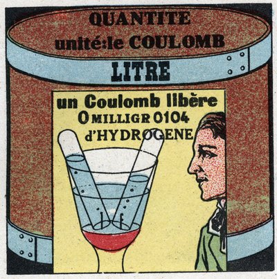 Sähköyksiköt: Coulomb sähköiitin määrän mittaamiseen. Anonyymi kuvitus vuodelta 1925. Yksityiskokoelma. tekijältä Anonymous Anonymous