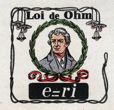 Sähköyksiköt: Ohmin laki, kirjoittanut fyysikko George Simon Ohm (1787-1854). Anonyymi kuvitus vuodelta 1925. Yksityiskokoelma. tekijältä Anonymous Anonymous