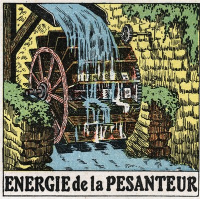 Painovoiman energia: vesimyllyn pyörä. Anonyymi kuvitus vuodelta 1925. Yksityiskokoelma. tekijältä Anonymous Anonymous