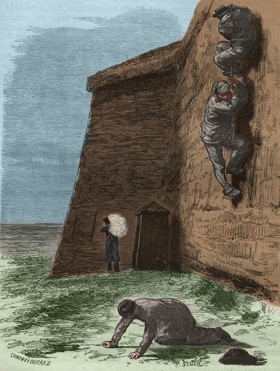 Pakene Rochefortin vankilasta 1800-luvulla. Pierre Zacconen (1817-1895) (1817-1895) (Colonia Penale - Penal Colony) kaiverrus kirjaan ”Vangoitujen historia heidän luomisestaan ​​nykypäivään” (1877). Yksityinen kokoelma. tekijältä Anonymous Anonymous