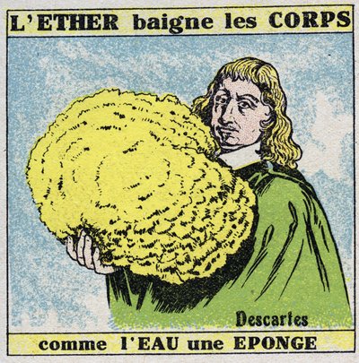 Eetteri (materiaali): Rene Descartes (1596-1650) huomaa, että eetteri kylpee ruumiita kuin vesi sienellä. Anonyymi kuvitus vuodelta 1925. Yksityiskokoelma. tekijältä Anonymous Anonymous