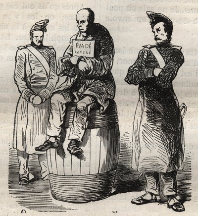 Näyttely pakkokierrosta (Evade palasi) Toulonin vankilassa 1800-luvulla. Pierre Zacconen (1817-1895) (1817-1895) (Colonia Penale - Penal Colony) kaiverrus kirjaan ”Vangoitujen historia heidän luomisestaan ​​nykypäivään” (1877). Yksityinen kokoelma. tekijältä Anonymous Anonymous