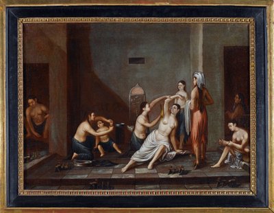 ""Naiset hamamissa pesemässä toisiaan"" (Ladies in the Hammam) Nimetön maalaus 1741 - Öljy kankaalle, 39x53 - Yksityiskokoelma tekijältä Anonymous Anonymous